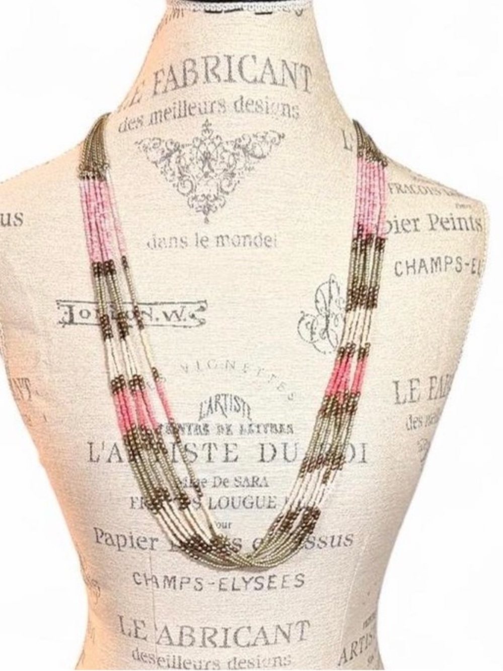 Long Boho Multi-Strand Beaded Necklace in Pink, White, & Bronze Antiqued Gold